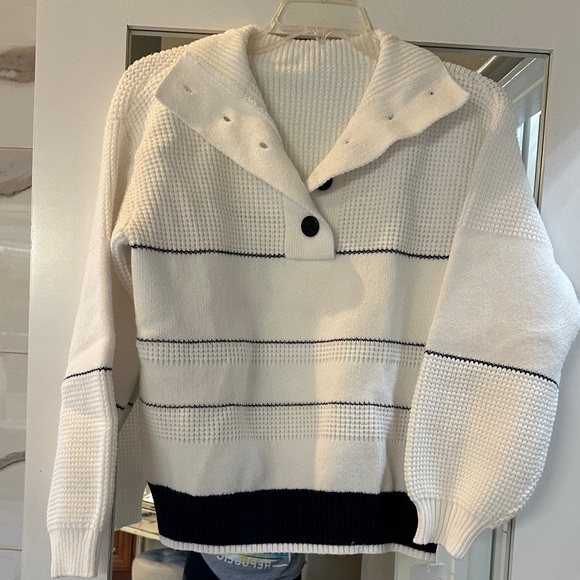 Commense Sweaters - Commense Cream and Black Buttoned Cowl Neck Sweater